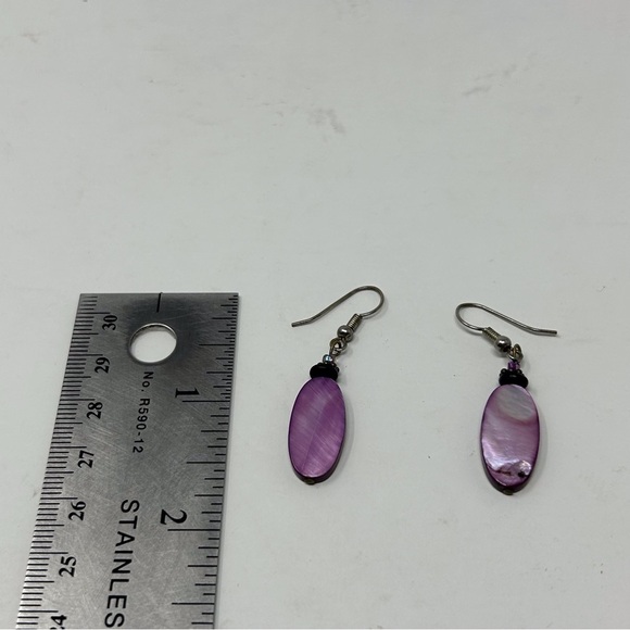 Vibrant Abalone Shell Purple Dangle Earrings Silver Tone Hook Mother of Pearl - Picture 6 of 7